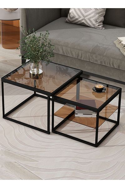 sharpdo Modern Nested Coffee Table Set,brown Tempered Glass Side Table,end Table For Living Room