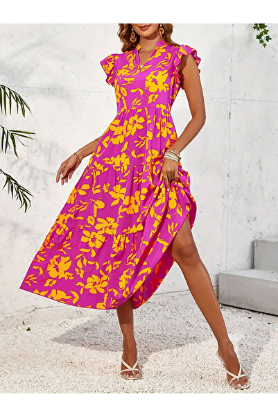 Take Two By Styli Floral Print Ruffled Sleeve Tiered Midi Dress