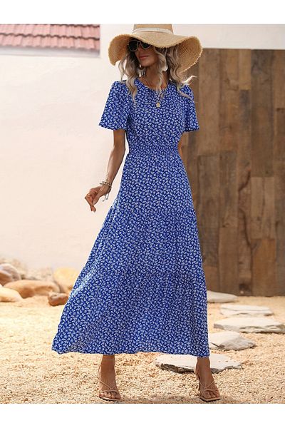 Take Two By Styli All-Over Print Round Neck Midi Dress