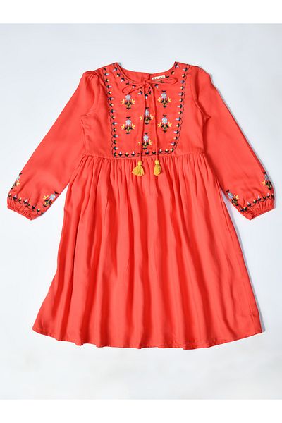 Bella Moda By Styli Embroidered Tie-Up Neck Knee-Length Dress