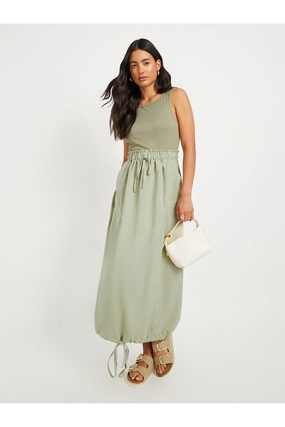 Styli Solid Sleeveless Twofer A-Line Midi Dress