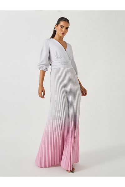 Styli Ombre Print Pleated Balloon Sleeves A-Line Maxi Dress