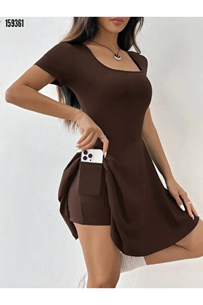 Modayakamoz Kadın Dalgıç Kumaş Cepli Kısa Kollu Kare Yaka Elbise – Short Detaylı