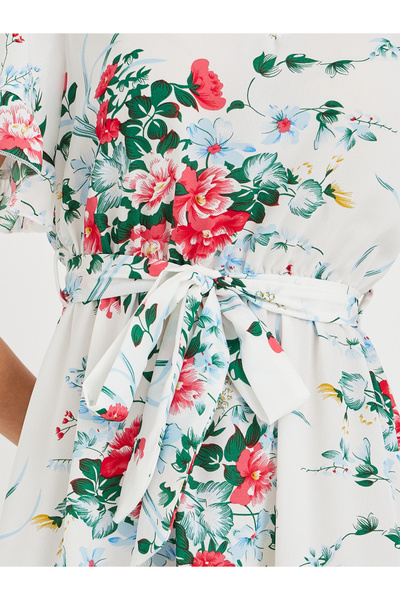 Take Two By Styli Women White Floral Print Ruffle Trim A-Line Midi Dress with Tie Waist