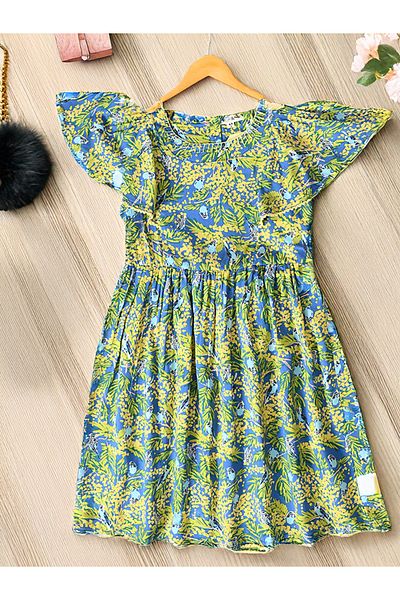 Bella Moda By Styli All-Over Floral Print Flutter Sleeves Dress with Lace Trim