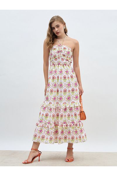 Styli All-Over Print Halter Neck Tiered Maxi Dress