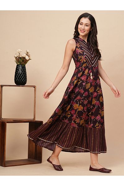 Globus By Styli Women Floral Printed Mandarin Collar A-Line Maxi Dress with Lace Detail