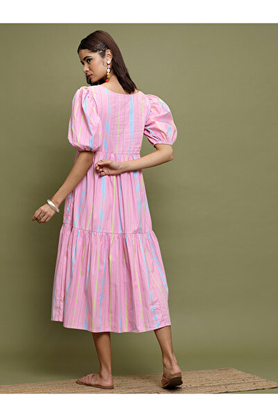 Vishudh By Styli Women Pink Striped Puff Sleeves A-Line Midi Dress