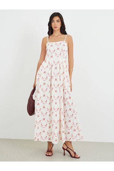 Styli Floral Print Pleated Strappy A-Line Maxi Dress