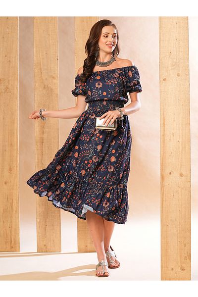 Globus By Styli Women Blue Floral Printed Smocked Waist A-Line Midi Dress