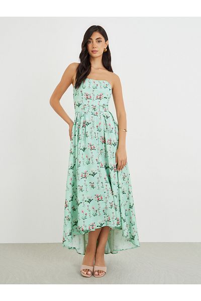 Styli Floral Print Strapless A-Line Midi Dress with High Low Hem