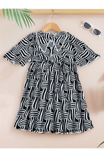Bella Moda By Styli All-Over Print Lace Trim Cotton Dress with 3/4 Sleeves
