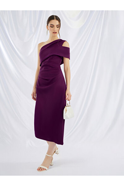 Keenly By Styli Embellished One Shoulder Asymmetric Hem Midi Dress