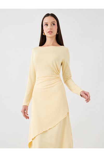 Styli Solid Gathered Waist Asymmetric Hem Midi Dress