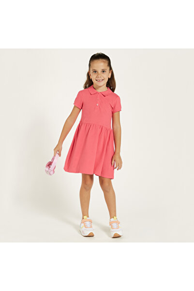 Juniors Solid Polo Dress With Short Sleeves And Button Closure