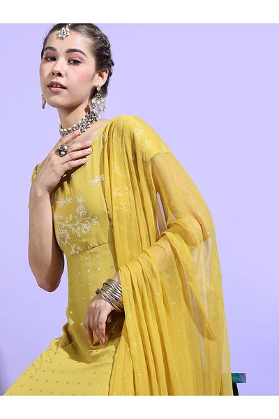 Vishudh By Styli Printed Short Sleeves A-Line Maxi Dress with Dupatta