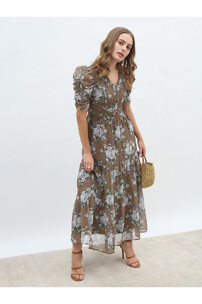 Styli Floral Print Ruched Puff Sleeves Tiered Maxi Dress