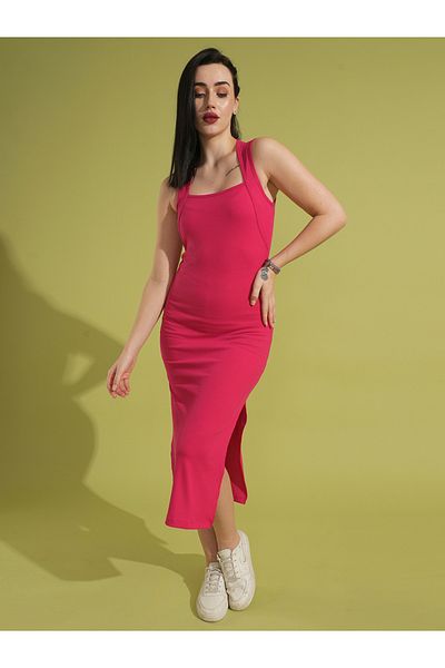 Globus By Styli Women Pink Ribbed Square Neck Sheath Midi Dress with Side Slit