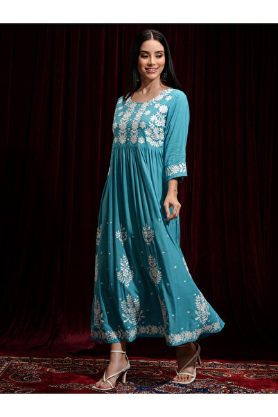 Vishudh By Styli Women Embroidered Round Neck A-Line Midi Dress