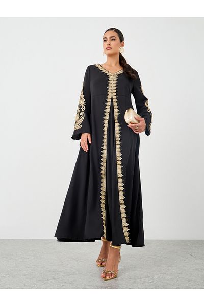 Keenly By Styli Embroidered Lace Trim Long Sleeve Maxi Dress