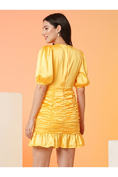 Globus By Styli Women Yellow Solid Satin Ruched Sheath Mini Dress with Cut Out