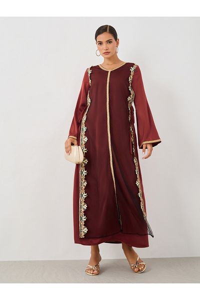Keenly By Styli Lace Trim Long Sleeve A-Line Jalabiya