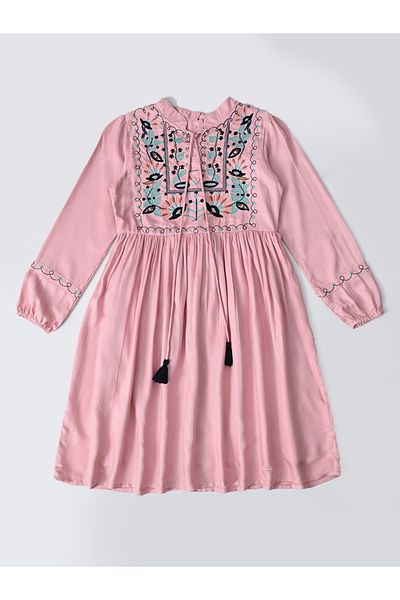 Bella Moda By Styli Embroidered Tie-Up Neck Knee-Length Dress