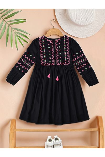 Bella Moda By Styli Embroidered Notch Neck Knee-Length Dress