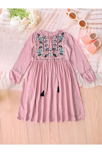 Bella Moda By Styli Embroidered Tie-Up Neck Knee-Length Dress