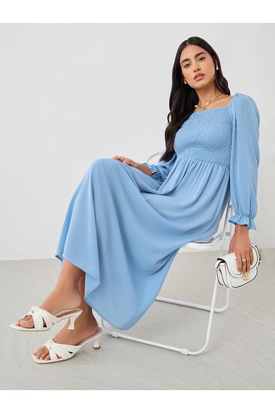 Take Two By Styli Solid Balloon Sleeve Smocked Detail Midi Dress