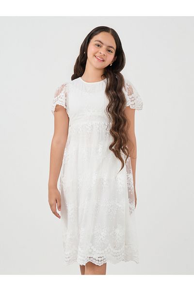 Styli Lace Insert Round Neck A-Line Midi Dress