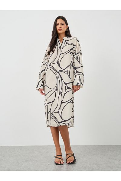 Styli Print Long Sleeves Kaftan Knee-Length Dress