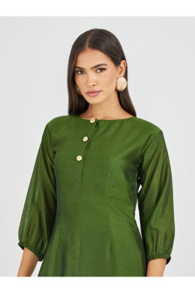 Maxim Creation By Styli Solid Round Neck A-Line Midi Dress with Button Detail