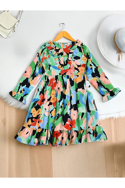 Bella Moda By Styli All-Over Print Ruffle Trim Cotton Dress with Lining