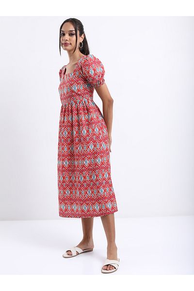 Vishudh By Styli Ethnic Motifs Printed Square Neck A-Line Midi Dress