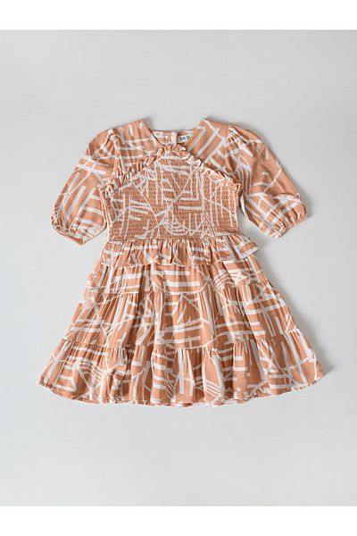 Bella Moda By Styli Printed Smocked Detail Puff Sleeve Knee-Length Dress
