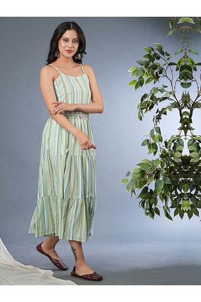Globus By Styli Women Green Striped Strappy Tiered Midi Dress with Embroidered Belt