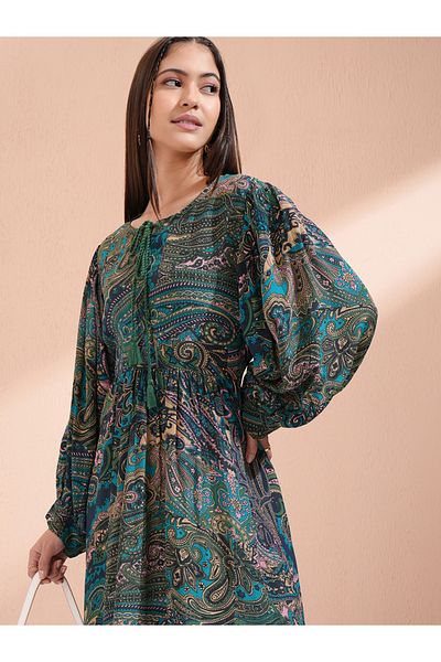 Vishudh By Styli Women Paisley Print Tie-Up Neck A-Line Knee-Length Dress