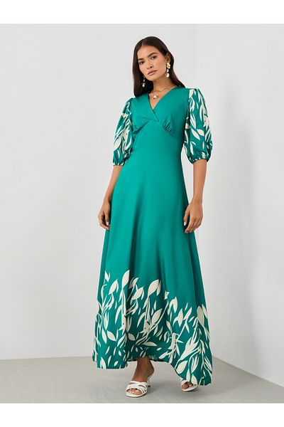 Styli Printed Balloon Sleeves A-Line Maxi Dress