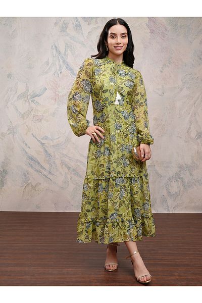 Vishudh By Styli Women Floral Printed Tie-Up Neck A-Line Maxi Dress