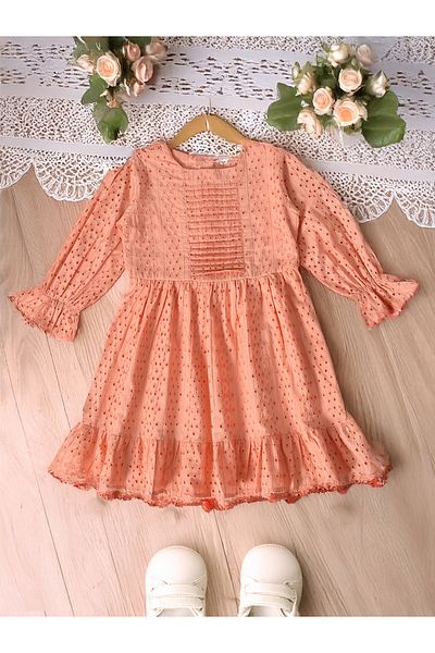 Bella Moda By Styli Solid Schiffli Pintuck Detail Dress with 3/4 Sleeves