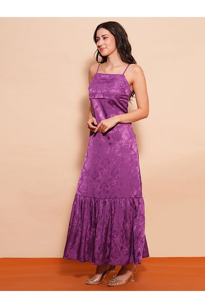 Globus By Styli Women Purple Self Design Satin Strappy A-Line Maxi Dress