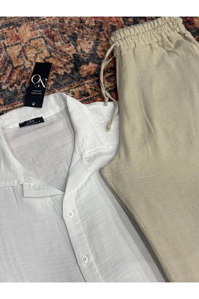 NO 601 Men's White Muslin Linen Blended Shirt & Muslin Beige Pantalon Set