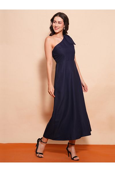 Globus By Styli Women Navy Blue Solid One Shoulder A-Line Maxi Dress with Bow Detail
