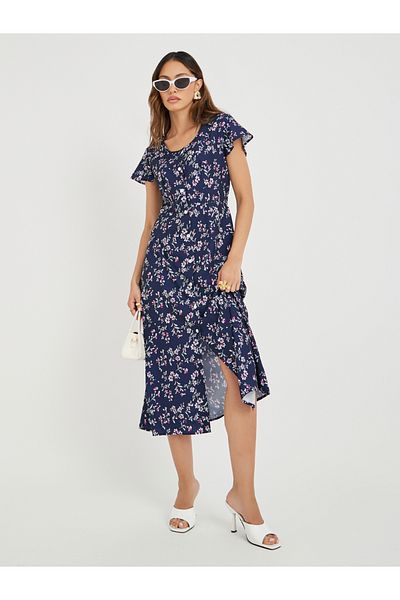 Take Two By Styli Women Navy Blue Floral Print Button Front A-Line Midi Dress