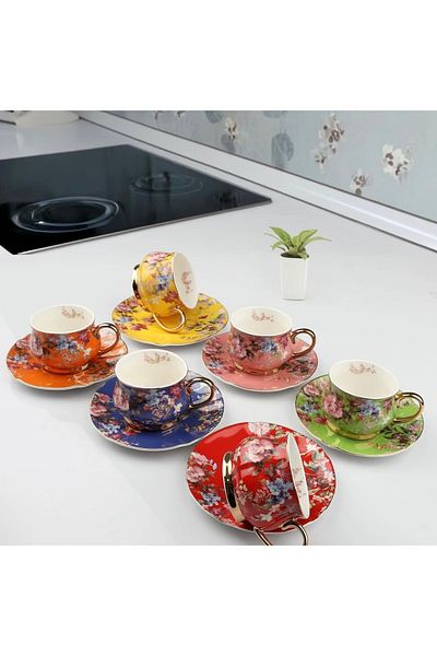 Kosova Çırağan Home 6 Color Chubby Floral Coffee Cup Set