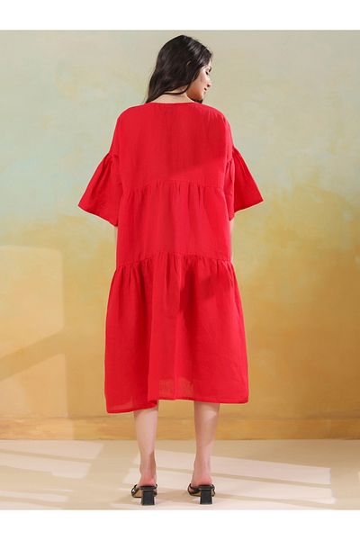 Sanskrutihomes By Styli Women Red Linen Blend V Neck A-Line Midi Dress
