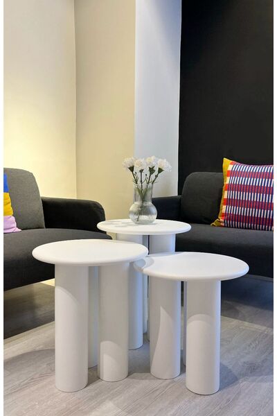 kuppdesign Linen Mantar Yan Sehpa 3'lü Set Beyaz