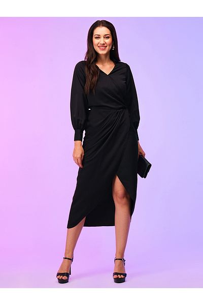 Globus By Styli Women Black Solid Wrap Look A-Line Midi Dress with Tulip Hem