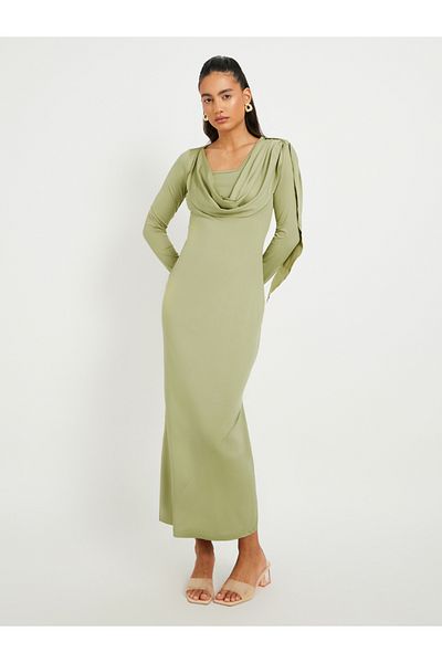Styli Women Green Solid Long Sleeves Sheath Midi Dress with Gathered Overlay